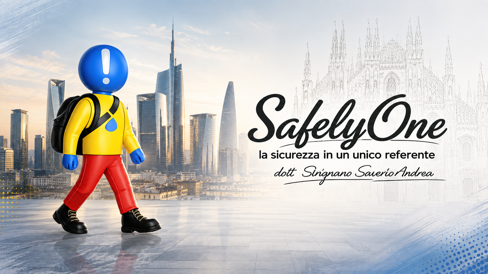 SafelyOne: la sicurezza in un unico referente. Identità aziendale con mascotte e panorama di Milano.